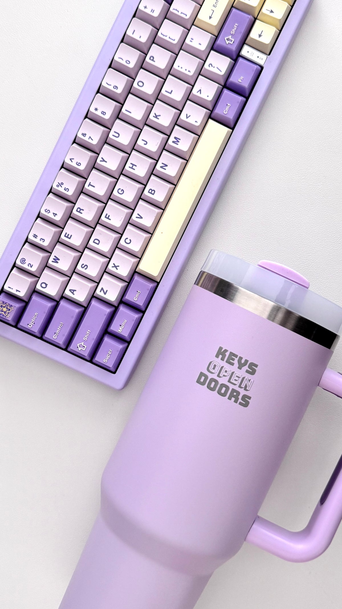 The Sweet Pea lilac keyboard with Keys Open Doors lilac 40oz engraved tumbler — subscriber-only bundle — Claws x Code