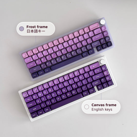 Thocky Ultra Violet purple gradient keyboards: Frost frame with Japanese keys and Canvas frame with English keys