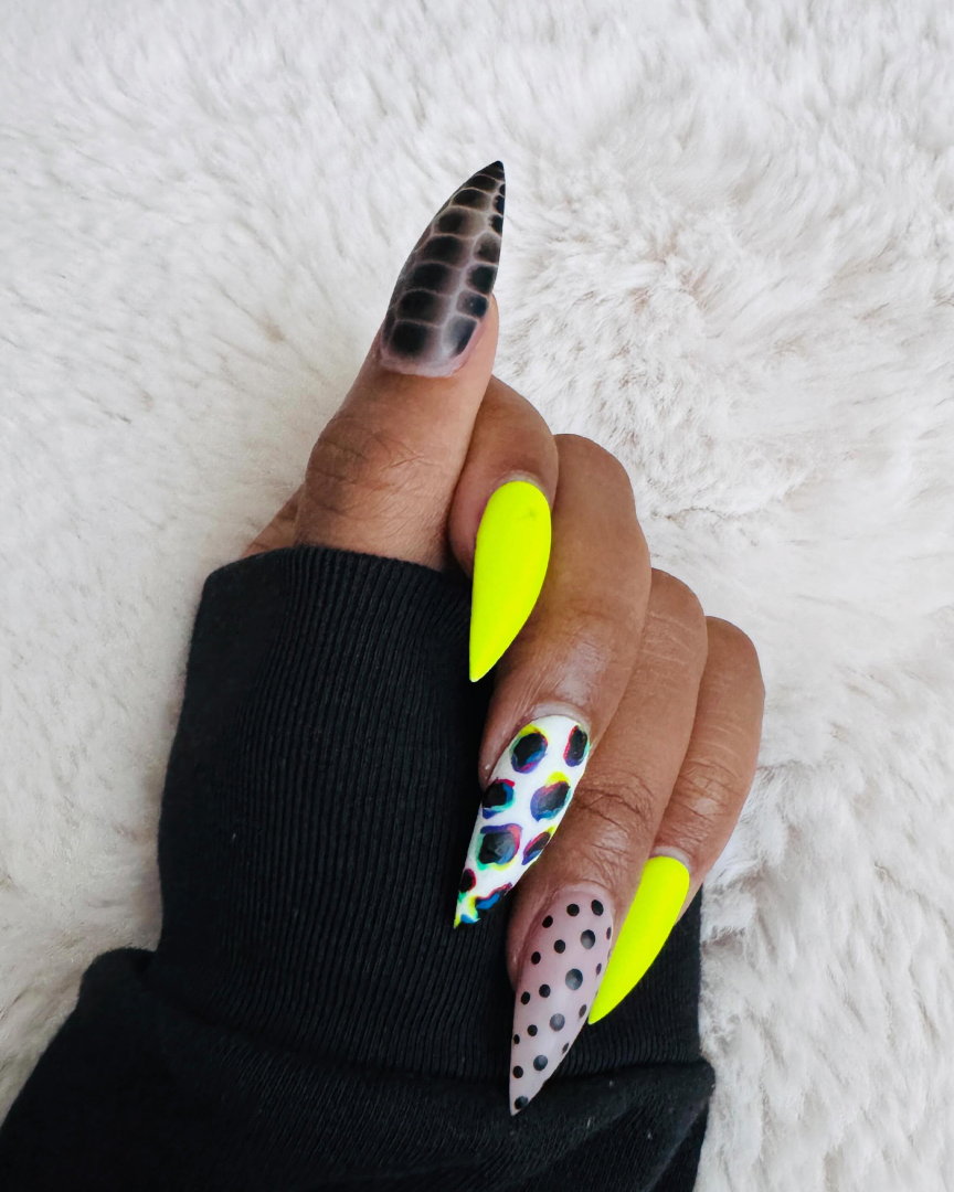 Matte neon green nails with trippy cow print accent nail, Claws x Code