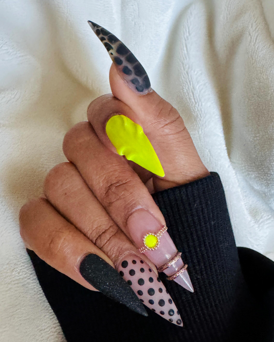 Rattlesnake print and lime green mosaic nail design, Claws x Code