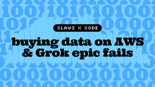 Joi and Jey from Claws x Code podcast discussing AWS Data Marketplace and Grok AI failures in episode 6, featuring data visualization graphics
