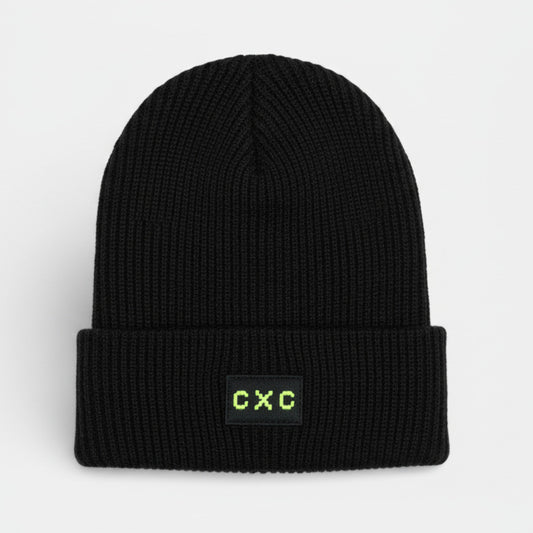 Black knit fisherman's beanie with 'CXC' logo in neon volt green