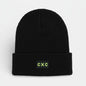 Black knit fisherman's beanie with 'CXC' logo in neon volt green