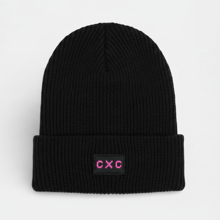 Black knit fisherman's beanie with 'CXC' logo in hot pink
