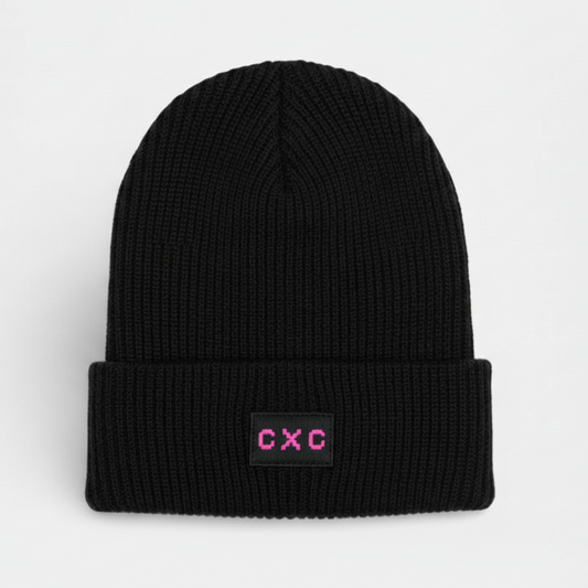Black knit fisherman's beanie with 'CXC' logo in hot pink