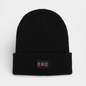 Black knit fisherman's beanie with 'CXC' logo in hot pink