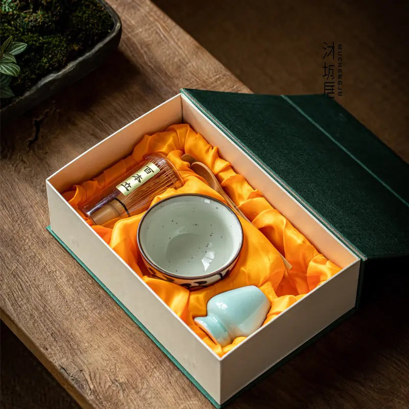 Traditional Matcha Set with Ceramic Bowl and Bamboo Whisk