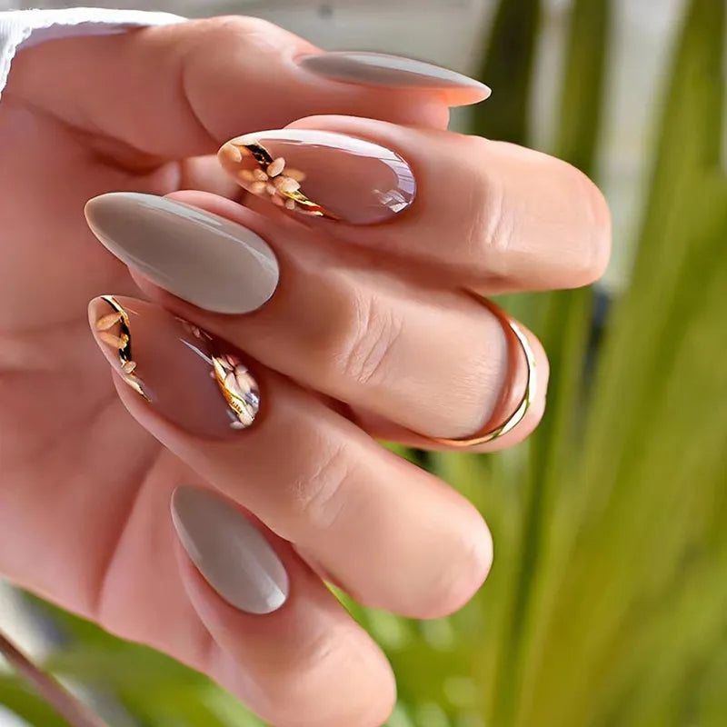 Elegant matte almond press-ons with metallic gold accents. Tech-friendly length, easy application, premium finish. Perfect for coding & creating. Free shipping.