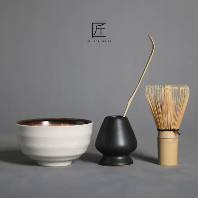 Traditional Matcha Set with Ceramic Bowl and Bamboo Whisk