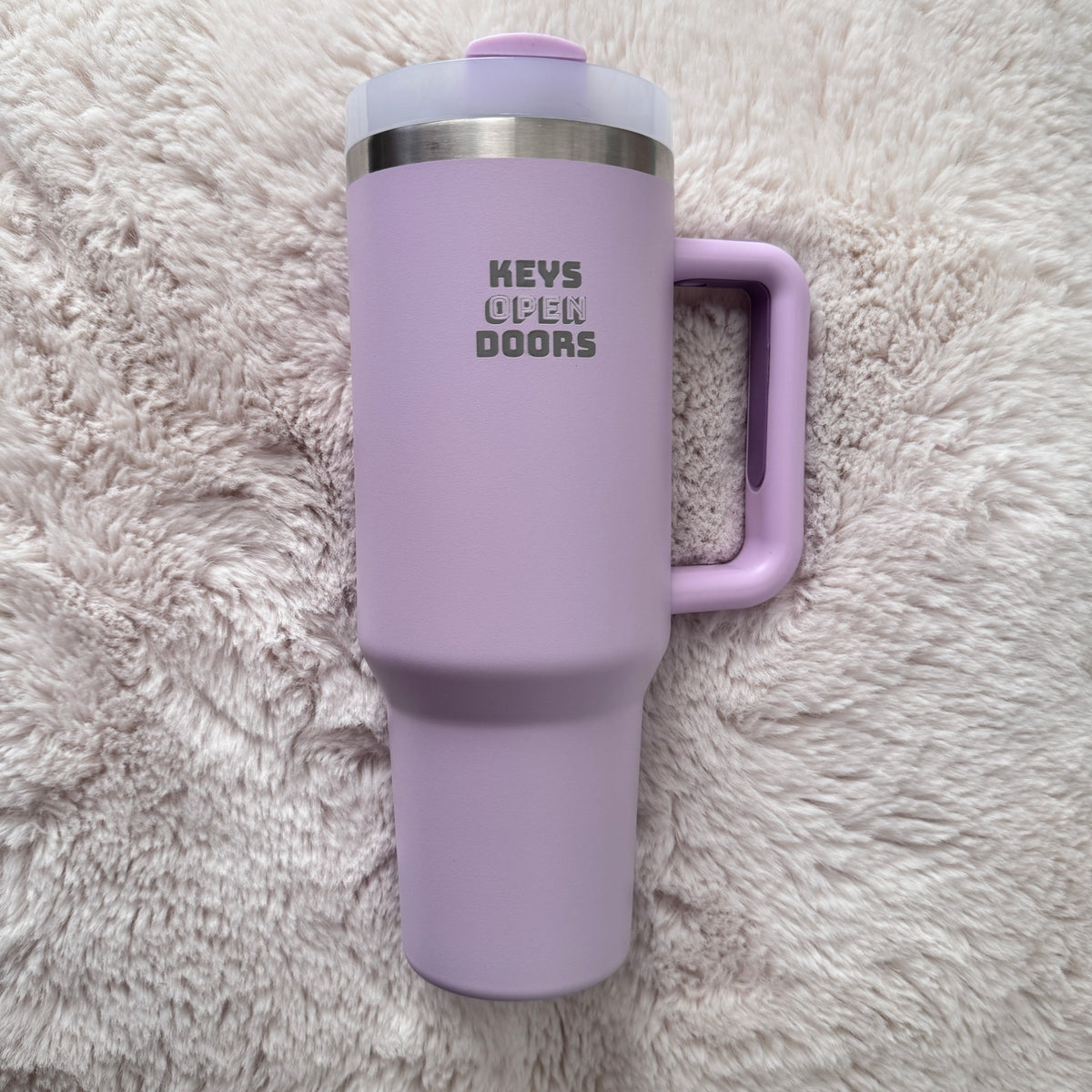 Lilac 40oz stainless steel tumbler engraved with Keys Open Doors — Claws x Code