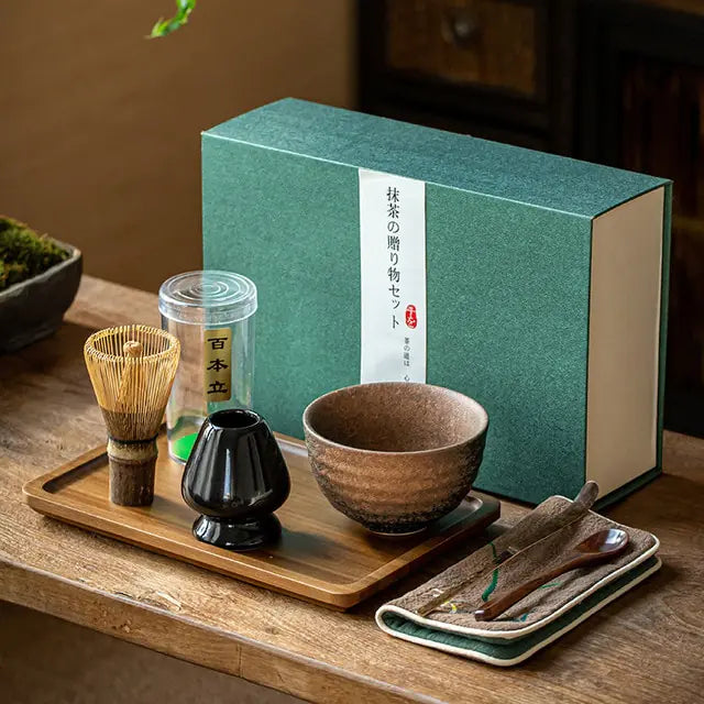 Traditional Matcha Set with Ceramic Bowl and Bamboo Whisk