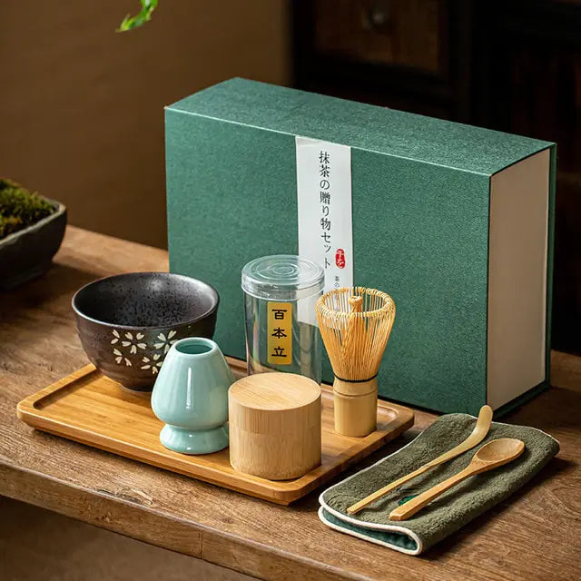 Traditional Matcha Set with Ceramic Bowl and Bamboo Whisk