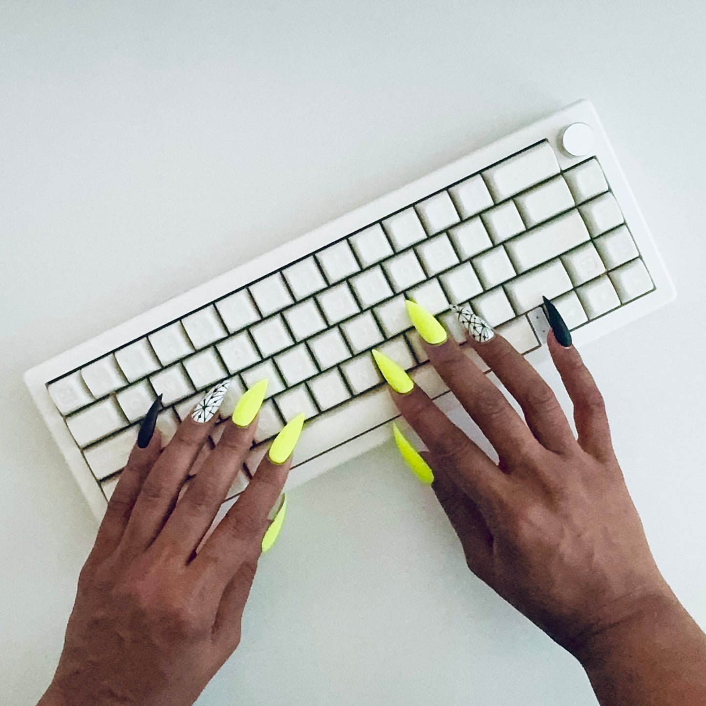 Translucent White Mechanical Keyboard with Silent or Thocky Keycaps with Long Lime Green Nails