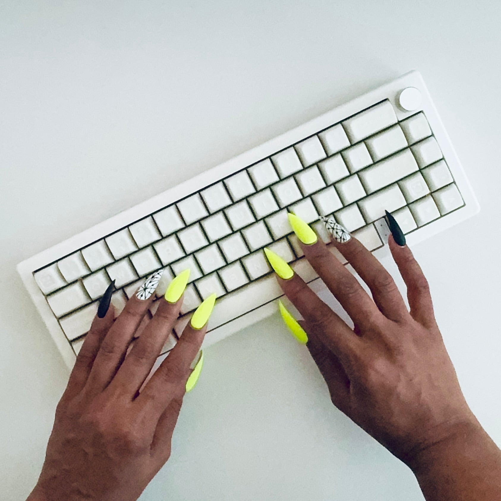 Translucent White Mechanical Keyboard with Silent or Thocky Keycaps with Long Lime Green Nails